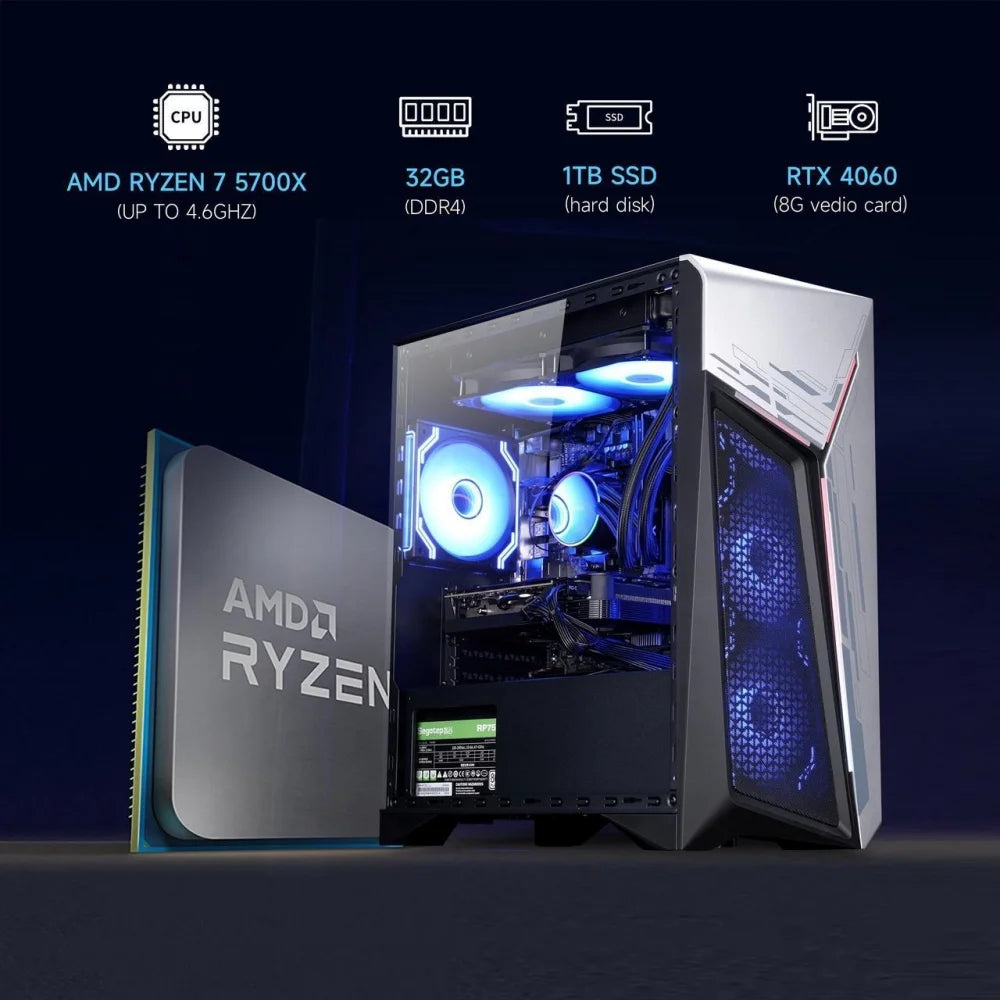 High-Performance Gaming PC - AMD Ryzen 7 5700X, NVIDIA RTX 4060, 32GB RAM, 1TB SSD, RGB Cooling, Windows 11 Home
