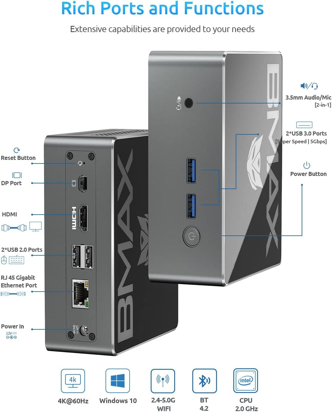 Mini PC, B3 Mini Computer Windows 10, Core I3-5005U Processor Expandable 8GB RAM (Up to 64GB) 128GB SSD, 4K@60Hz Mini Dp/Dual Wifi/Hdmi/Bt 4.2/ 2X USB2.0,2X USB 3.0