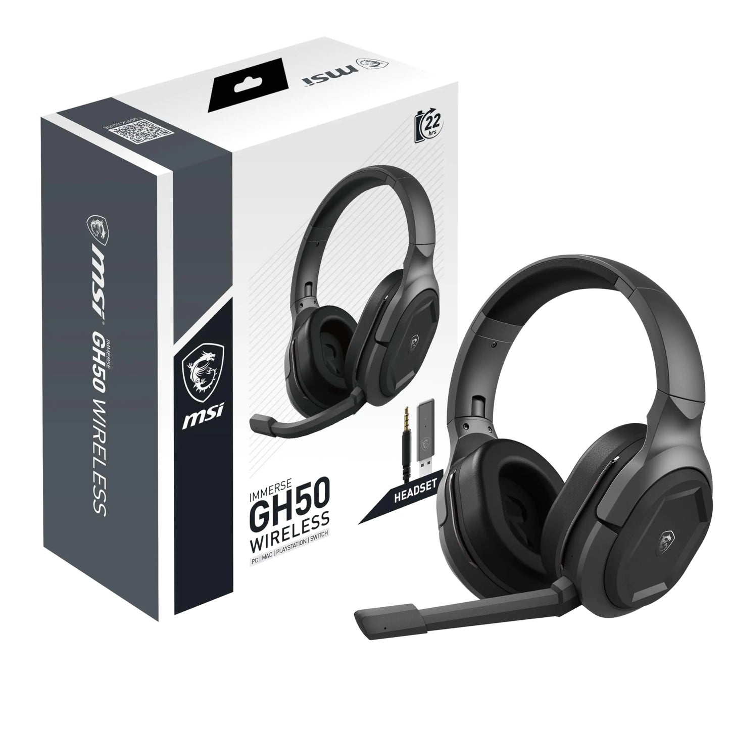 MSI IMMERSE GH50 WIRELES Gaming Headset 7.1 Surround Sound Low-Latency 2.4GHz immersive Audio Experience bass-Enhancing Audio Drivers and a omnidirectional Microphone.