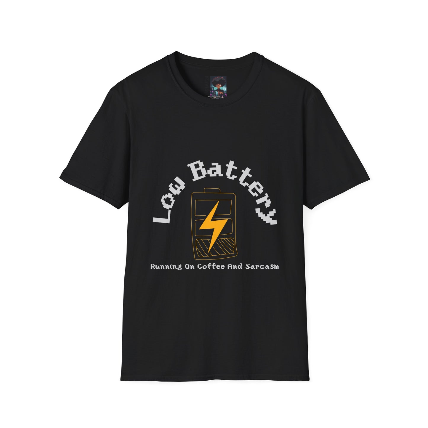 Low Battery Coffee T-Shirt | Handmade Graphic Tee | Running on Coffee & Sarcasm | Funny Urban Streetwear | Custom Low Energy Humor