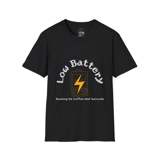 Low Battery Coffee T-Shirt | Handmade Graphic Tee | Running on Coffee & Sarcasm | Funny Urban Streetwear | Custom Low Energy Humor