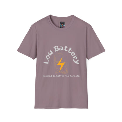 Low Battery Coffee T-Shirt | Handmade Graphic Tee | Running on Coffee & Sarcasm | Funny Urban Streetwear | Custom Low Energy Humor