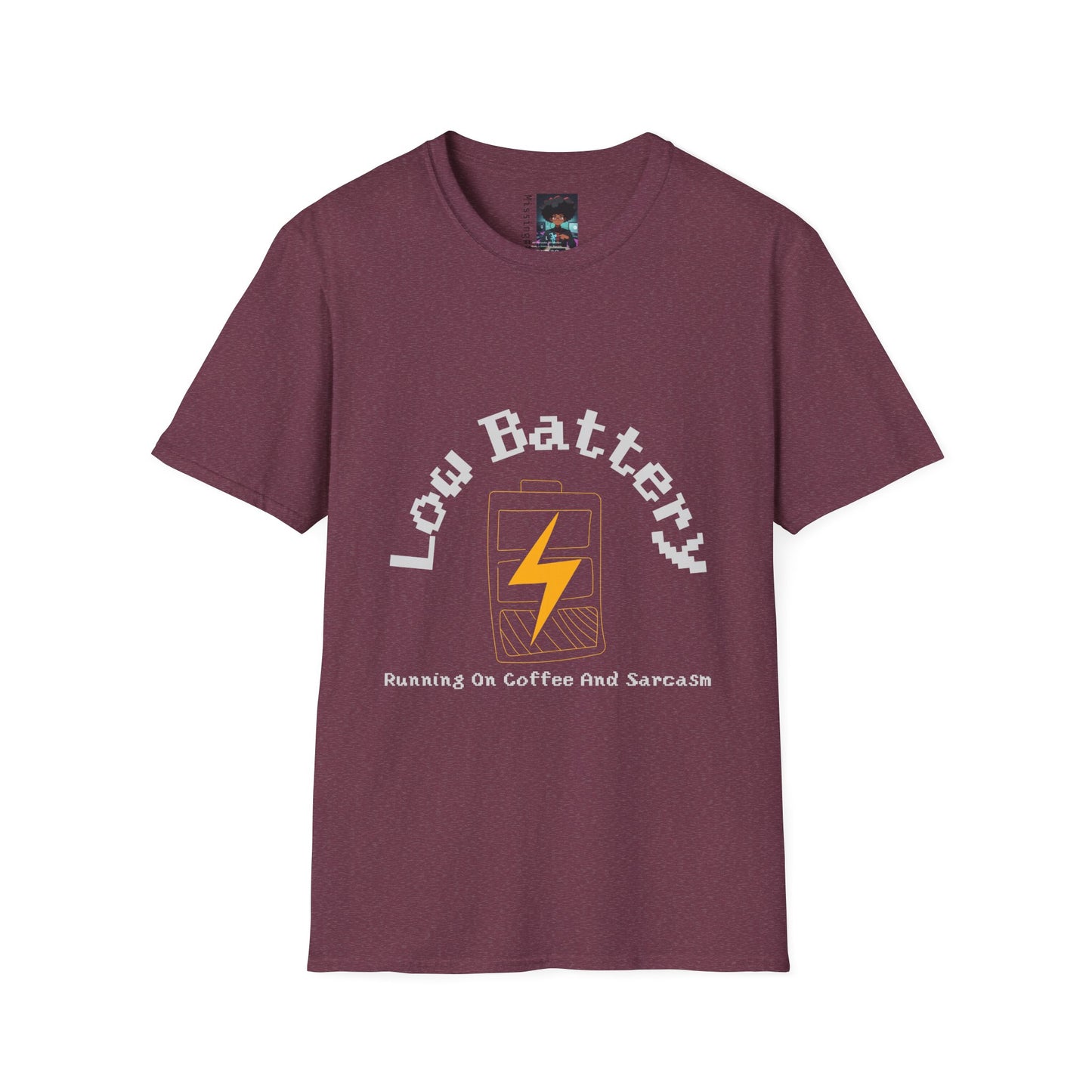 Low Battery Coffee T-Shirt | Handmade Graphic Tee | Running on Coffee & Sarcasm | Funny Urban Streetwear | Custom Low Energy Humor