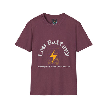 Low Battery Coffee T-Shirt | Handmade Graphic Tee | Running on Coffee & Sarcasm | Funny Urban Streetwear | Custom Low Energy Humor