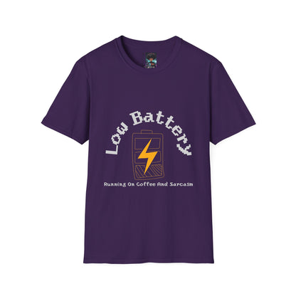 Low Battery Coffee T-Shirt | Handmade Graphic Tee | Running on Coffee & Sarcasm | Funny Urban Streetwear | Custom Low Energy Humor