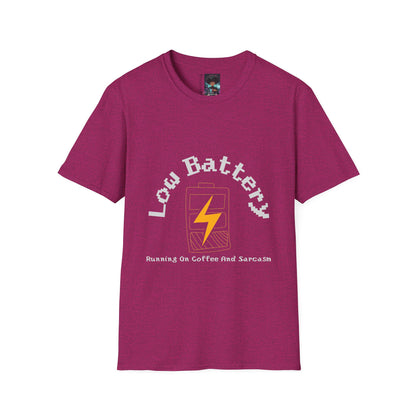 Low Battery Coffee T-Shirt | Handmade Graphic Tee | Running on Coffee & Sarcasm | Funny Urban Streetwear | Custom Low Energy Humor