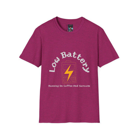 Low Battery Coffee T-Shirt | Handmade Graphic Tee | Running on Coffee & Sarcasm | Funny Urban Streetwear | Custom Low Energy Humor