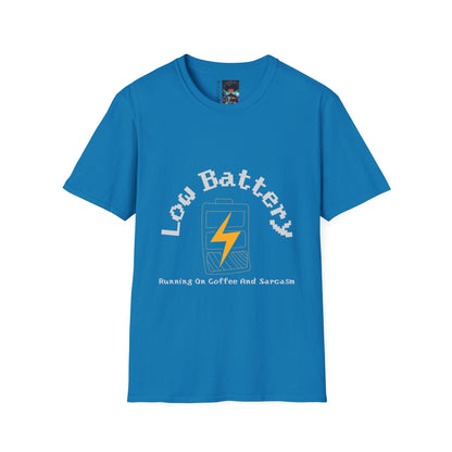 Low Battery Coffee T-Shirt | Handmade Graphic Tee | Running on Coffee & Sarcasm | Funny Urban Streetwear | Custom Low Energy Humor