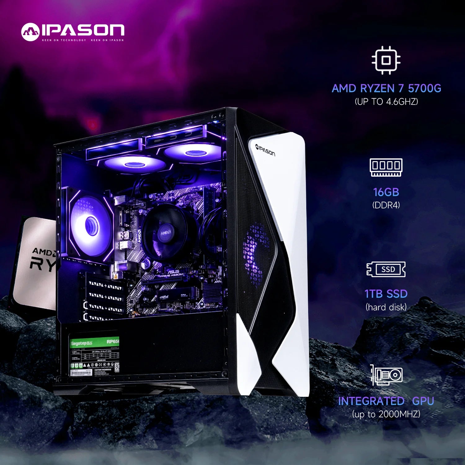 Gaming Desktop,Amd Ryzen 7 5700G 8 Core(Up to 4.5Ghz),16Gb RAM,1TB Ssd,Windows 11 Home - WIFI - Gaming PC
