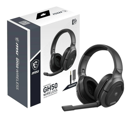 MSI IMMERSE GH50 WIRELES Gaming Headset 7.1 Surround Sound Low-Latency 2.4GHz immersive Audio Experience bass-Enhancing Audio Drivers and a omnidirectional Microphone.