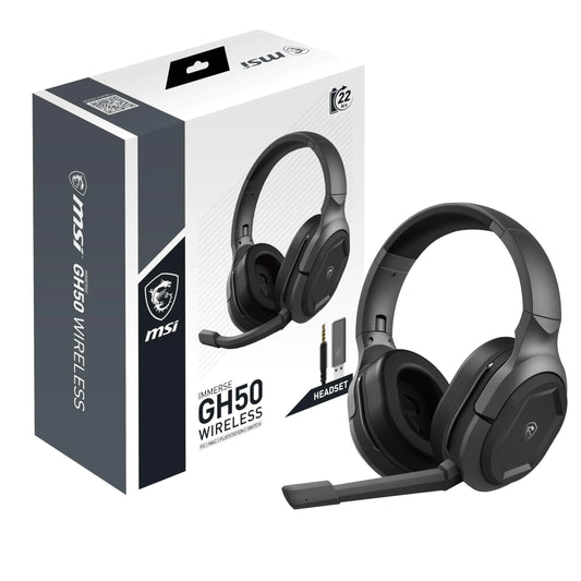 MSI IMMERSE GH50 WIRELES Gaming Headset 7.1 Surround Sound Low-Latency 2.4GHz immersive Audio Experience bass-Enhancing Audio Drivers and a omnidirectional Microphone.